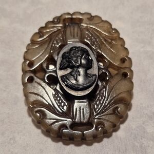 Very Rare Carved Agate & Bakelite  Cameo Brooch Antique Signed